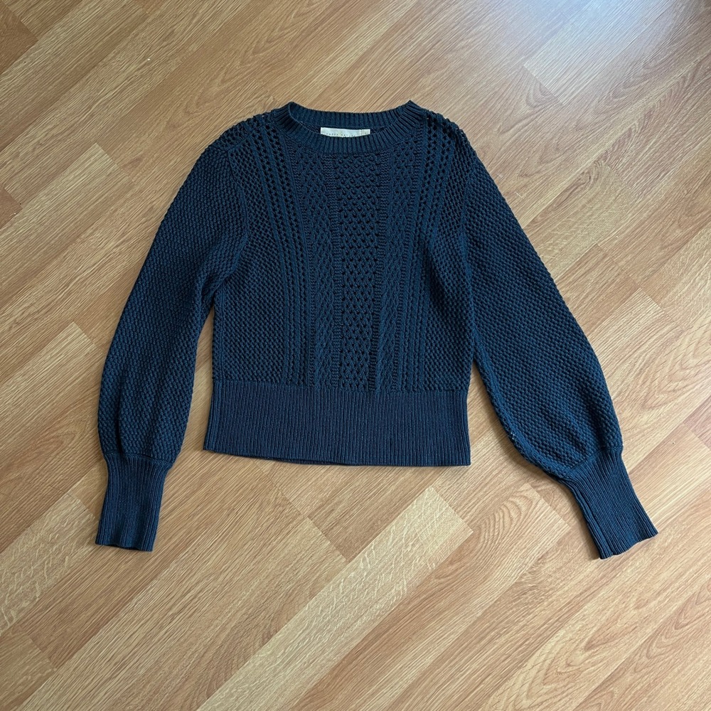 Happy x Nature Womens Pointelle Knit Sweater Large Cotton Linen Balloon Sleeves